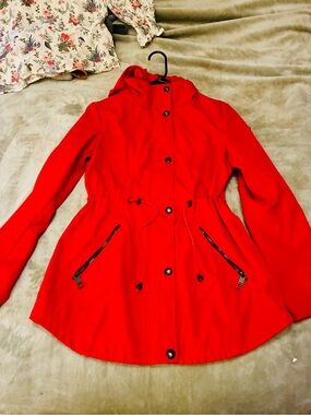 Women's Red Hooded Drawstring Rain Jacket